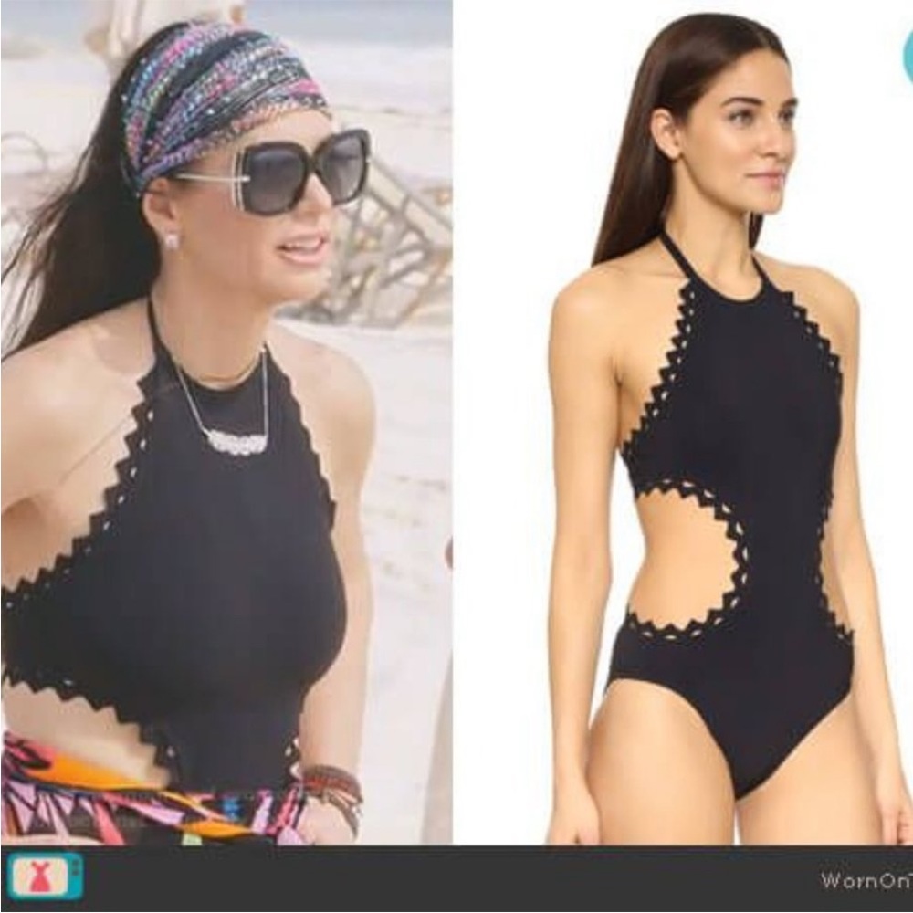 Karla Colletto Rick Rack Halter Top Monokini Black Cut Out Swimsuit Size 14
